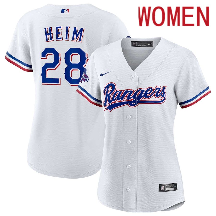 Women Texas Rangers 28 Jonah Heim Nike White Home 2023 World Series Champions Replica Player MLB Jersey